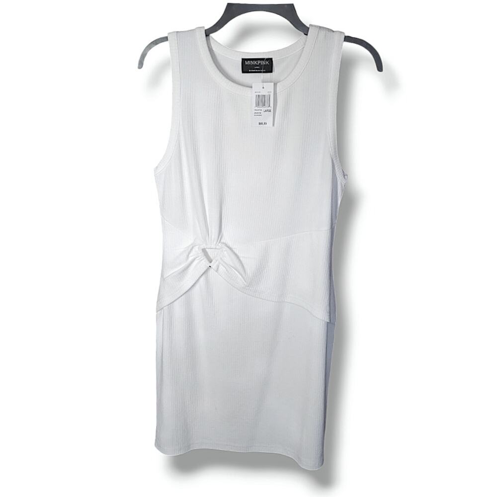 Minkpink Women's White Sleeveless Round Neck Ribbed Bodycon Dress Size Large